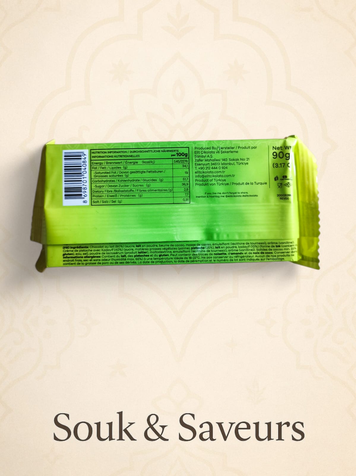 Chocolat Elit “The Taste of Dubai” – Chocolat au lait à la pistache & kadayif (90 g)