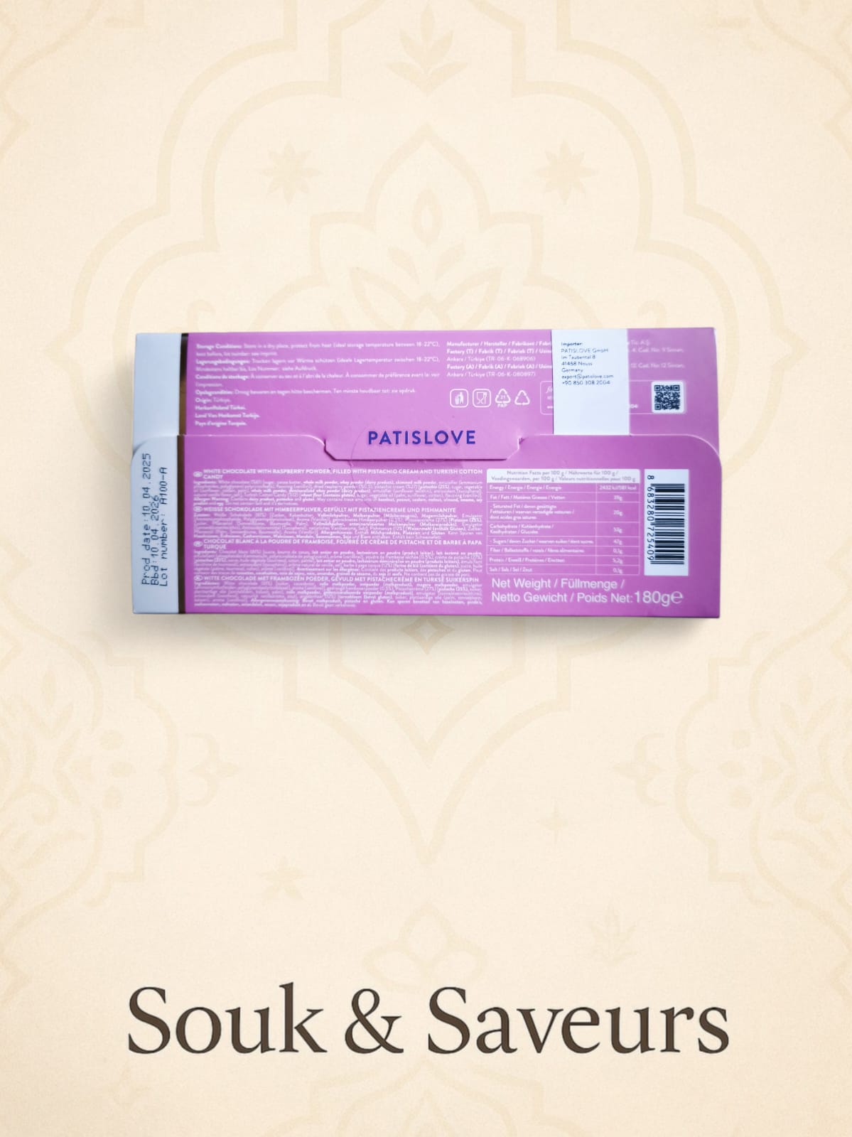 Angel’s Hair White Chocolate – Pistache, Barbe à Papa Turque & Framboise | Patislove 180 gr