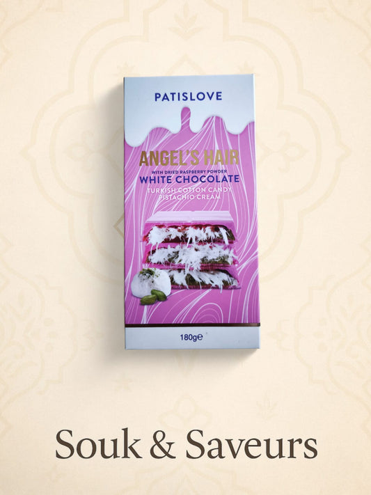 Angel’s Hair White Chocolate – Pistache, Barbe à Papa Turque & Framboise | Patislove 180 gr