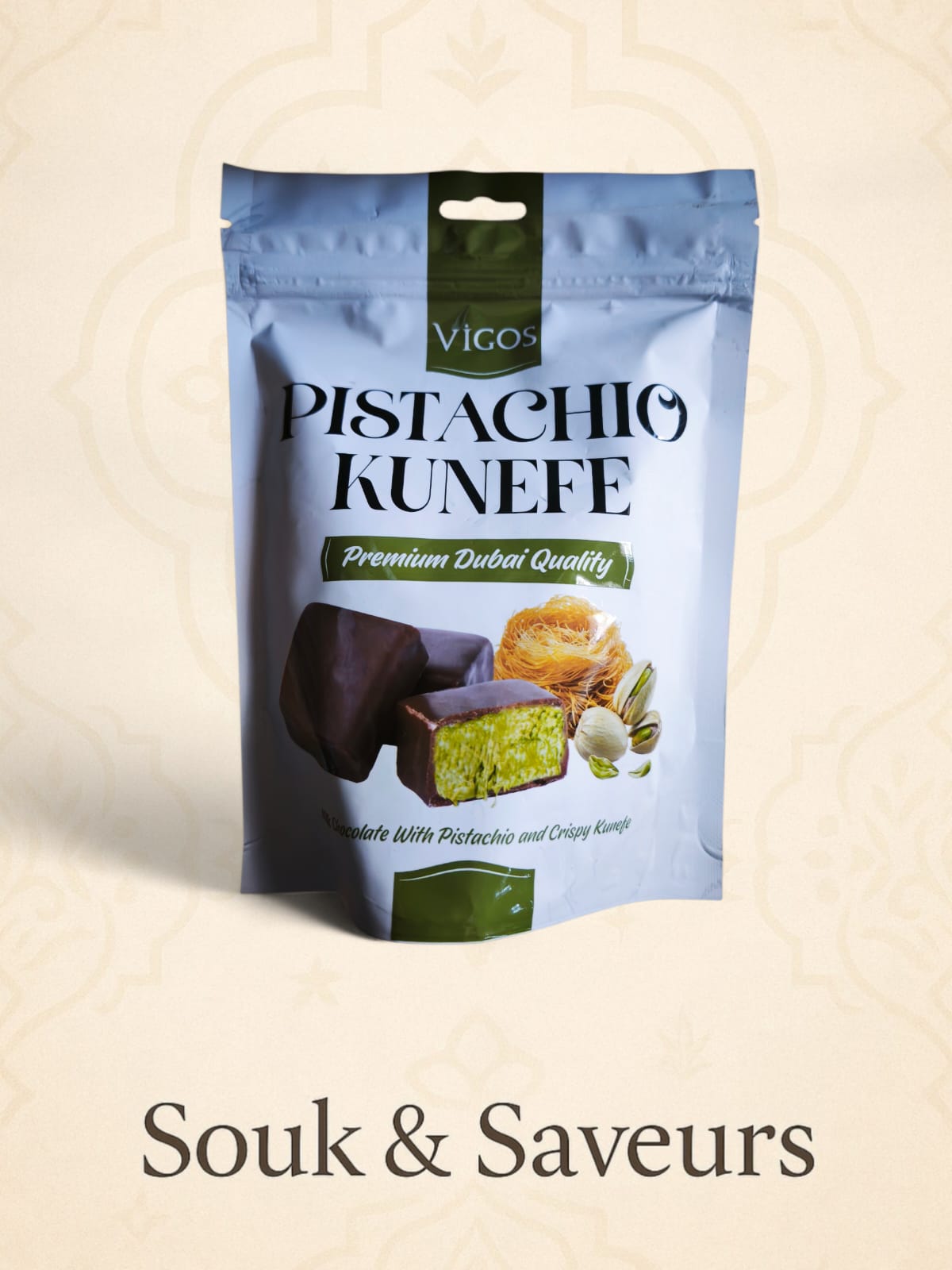 Pistachio Kunefe Vigos – Chocolat fourré à la pistache & kunefe croustillant (100 g)