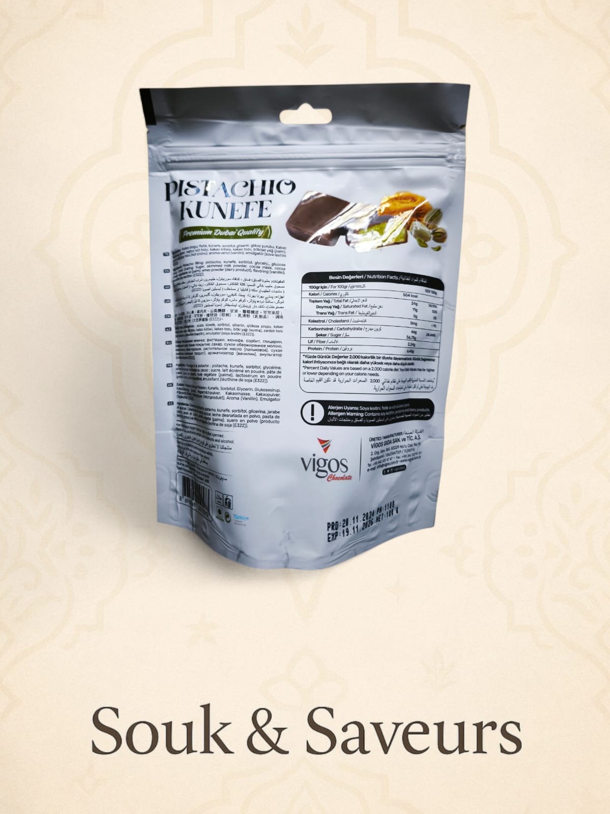 Pistachio Kunefe Vigos – Chocolat fourré à la pistache & kunefe croustillant (100 g)